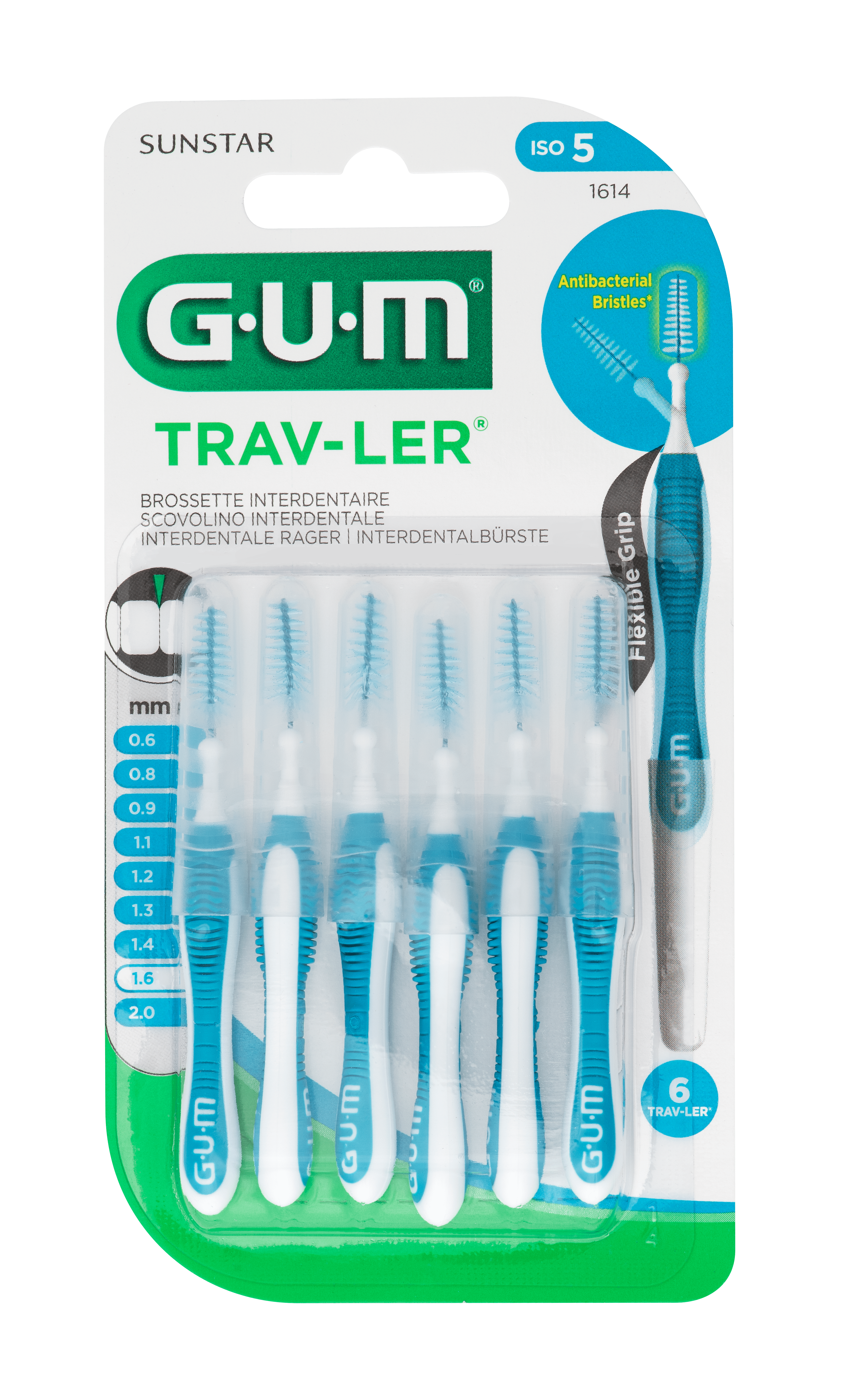 GUM Trav-Ler Μπλε 1.6mm 6 Τεμάχια Κωνικό 1 1614-FR-IT-NL-DE-GUM-Travler-1.6mm-6cts-Blister-Front copie