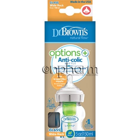 Dr. Brown's Natural Flow Options+ Γυάλινο Μπιμπερό Με Φαρδύ Λαιμό & Θηλή Σιλικόνης 0m+ 150ml 1 Product14530.Photo1.Original