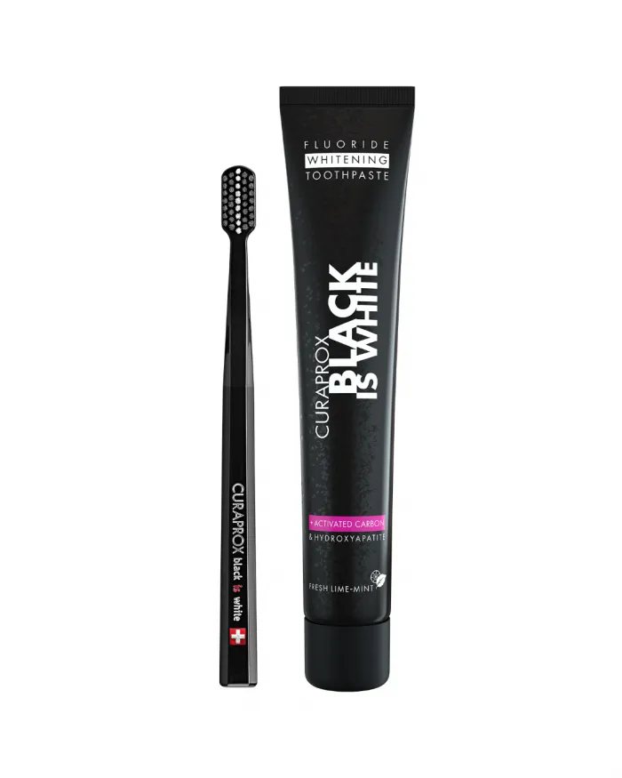 Curaprox Black Is White Λευκαντική Οδοντόκρεμα 90ml και Black Is White Οδοντόβουρτσα 1 odontokrema-black-is-white-90-ml-me-vourtsa