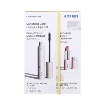 Korres Promo Conscious Color Lashes and Lips Set Drama Volume Mascara 01 Black 13ml και True Velvety Lipstick 13 Nude Pink 3g